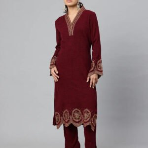 women's kashmiri embroidered woollen co ords – kurta and trousers