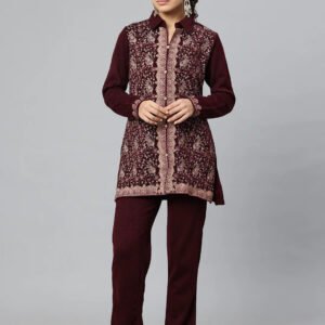 women's kashmiri embroidered woollen co ords – kurta and trousers