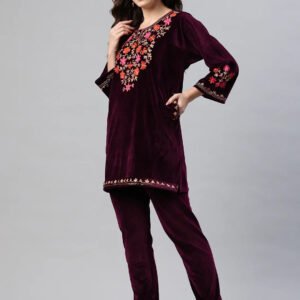 women's kashmiri embroidered velvet co ords – kurta and trousers