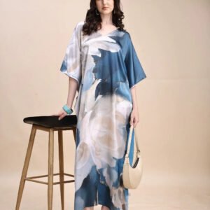 women's printed satin kaftan – v neck maxi dress